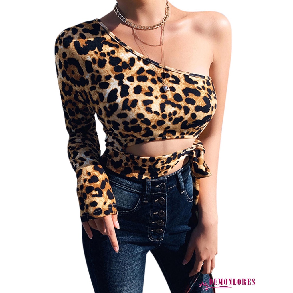 Áo crop top trễ một vai hoạt tiết da báo thời trang cho nữ