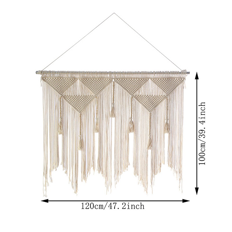 Rèm Macrame Treo Tường Đan Sợi Màu Trắng Be Tua Rua Trang Trí Phông Nền Nhà Cửa (Không Bao Gồm Thanh Gỗ)