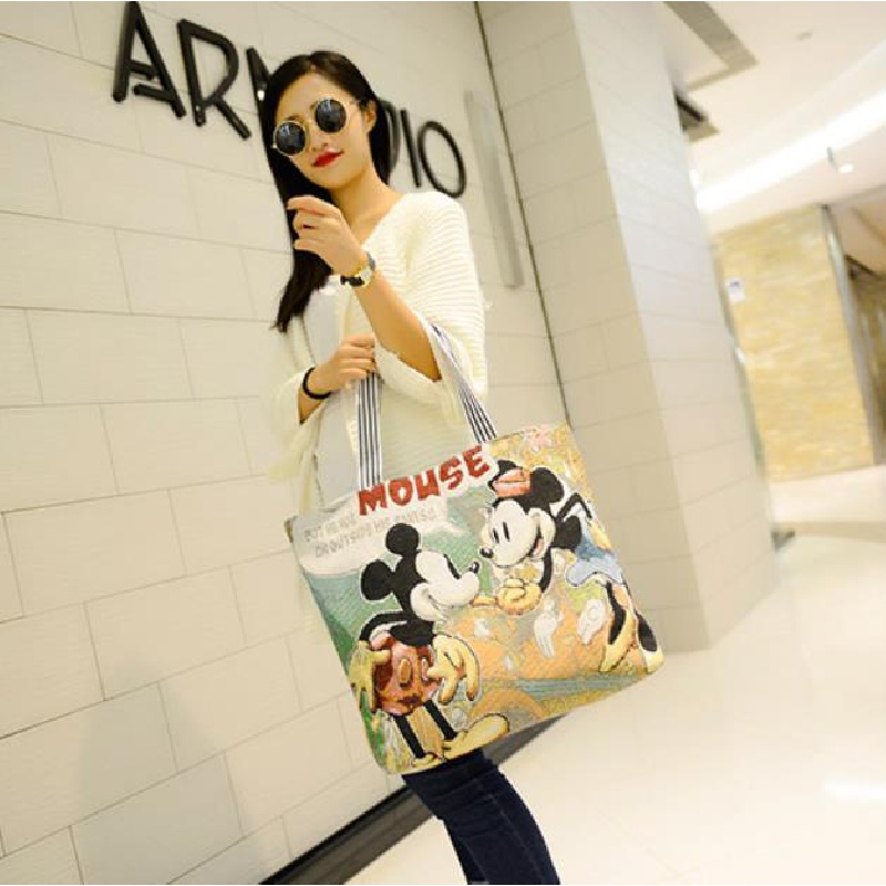 Túi Đeo Vai / Xách Tay Một Bên Vai Bằng Vải Bạt In Họa Tiết Hoạt Hình Thân Thiện Môi Trường Cho Nữ