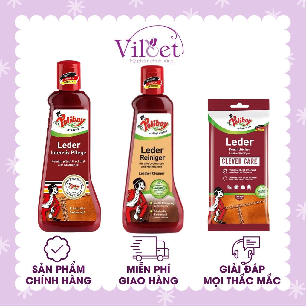 Dung dịch &amp; khăn ướt vệ sinh, bảo dưỡng, làm bóng đồ da Poliboy Đức - Shop Viloet