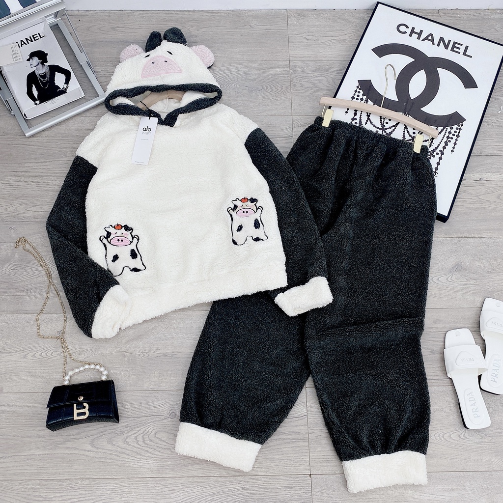 Bộ đồ lông bò sữa phối màu siêu cute mix quần ống suông BN124