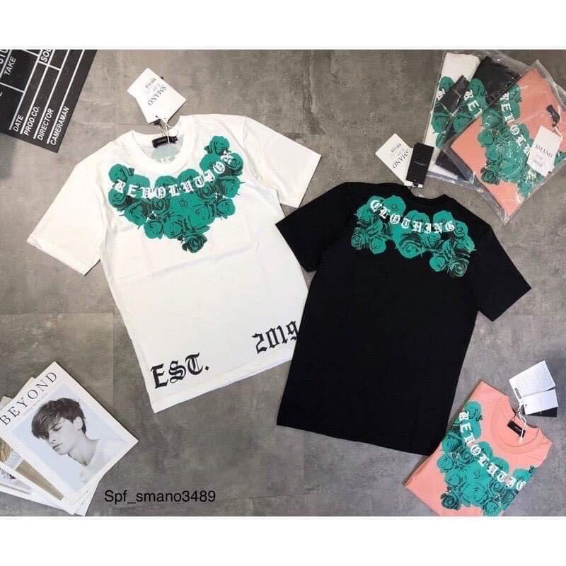 Áo phông hoa hồng xanh chữ vòng cổ H2A868