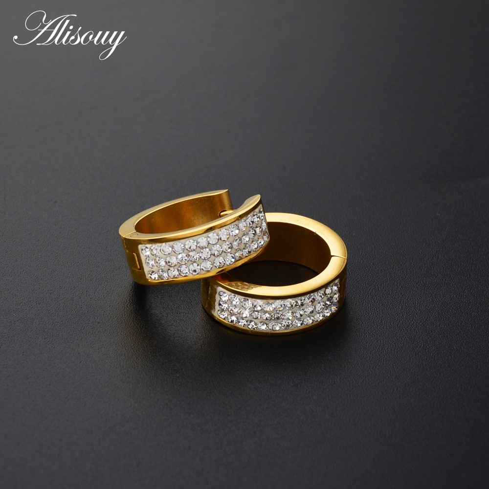 1 Đôi Bông Tai Tròn Bằng Thép Không Gỉ Đính Pha Lê Màu Vàng 6 * 7 6 * 9 6 * 16