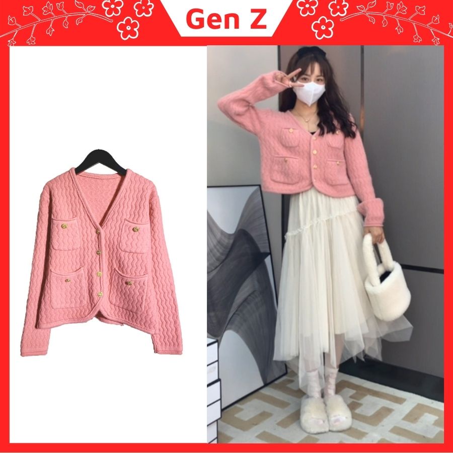 Áo cardigan cổ V len gân sóng phối cúc có túi - Mixgenz