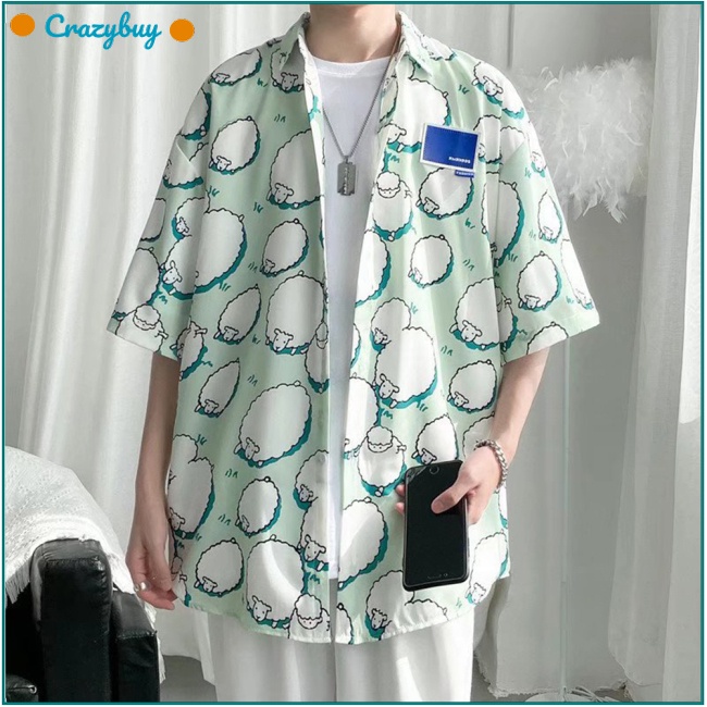 CR Men Shirt Cartoon Sheep Pattern Printed Lapel Short-sleeved Cardigan T-shirt Summer Loose Couple Top