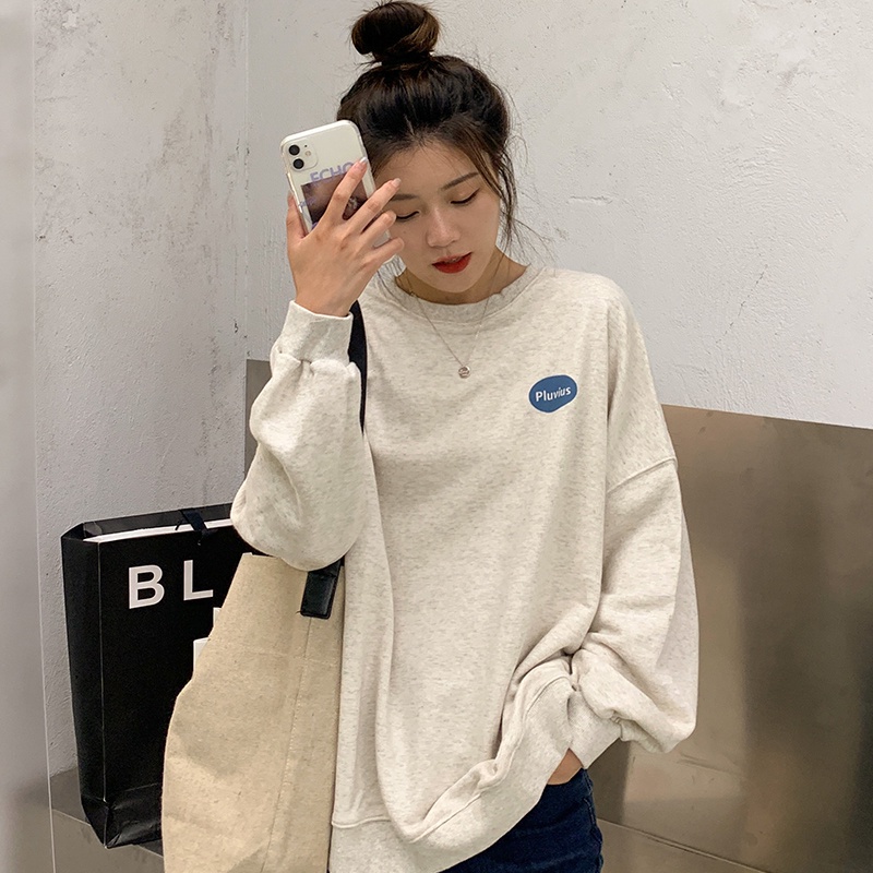 Áo nỉ dài tay cổ tròn dáng rộng in chữ phong cách Hàn Quốc mới