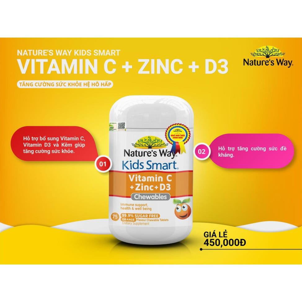 Viên uống Nature’s Way Kids Smart Vitamin C + Zinc + D3 Chewables Tablets bổ sung Vitamin C và kẽm cho bé - Hộp 75 viên