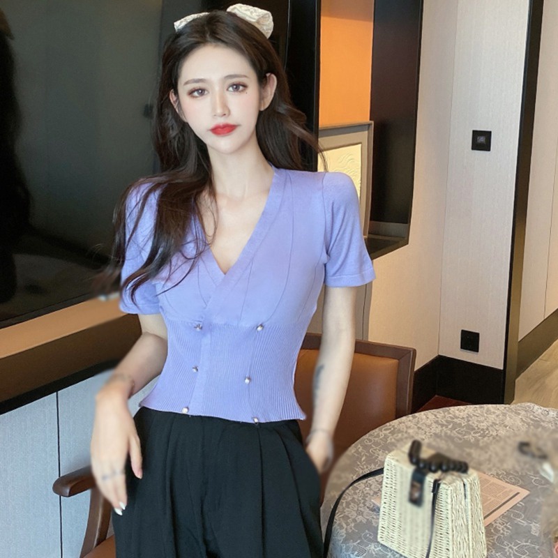 Áo Croptop Dệt Kim Màu Sắc Trơn Tay Ngắn Cổ Chữ V Phong Cách Hàn Quốc Cho Nữ