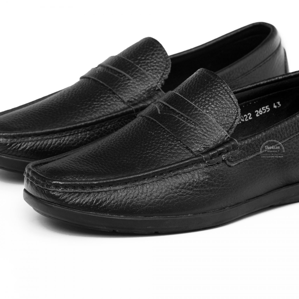 Giày Lười Nam Da Bò Nhập Khẩu Đế Khâu Duvis LD66 Màu Đen.