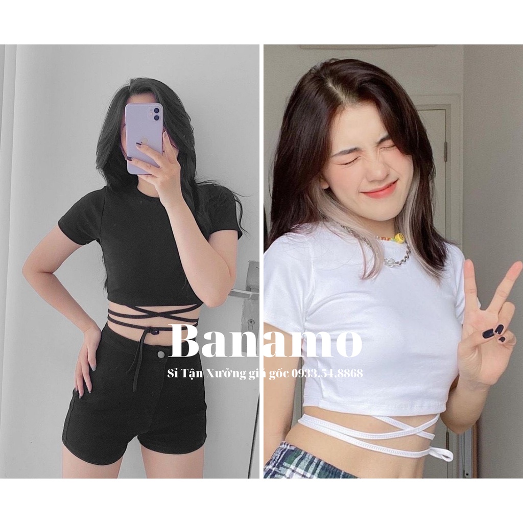 Áo nữ croptop cộc tay buộc dây eo Banamo Fashion áo croptop cộc tay buộc dây eo 3123