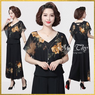 Set Bộ Voan 2 Lớp Quần Ống Rộng, Kiểu Tay Cánh Tiên In Hoa, Set Đồ Bộ Trung Niên Cao Cấp | Thời Trang Trung Niên