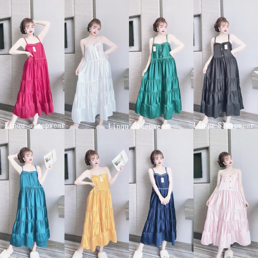 Váy Ngủ Sexy - Váy Ngủ 2 Dây Sexy Chất Satin Phối Ren mềm mát kèm quần Freesize - Linqu Sleepwear