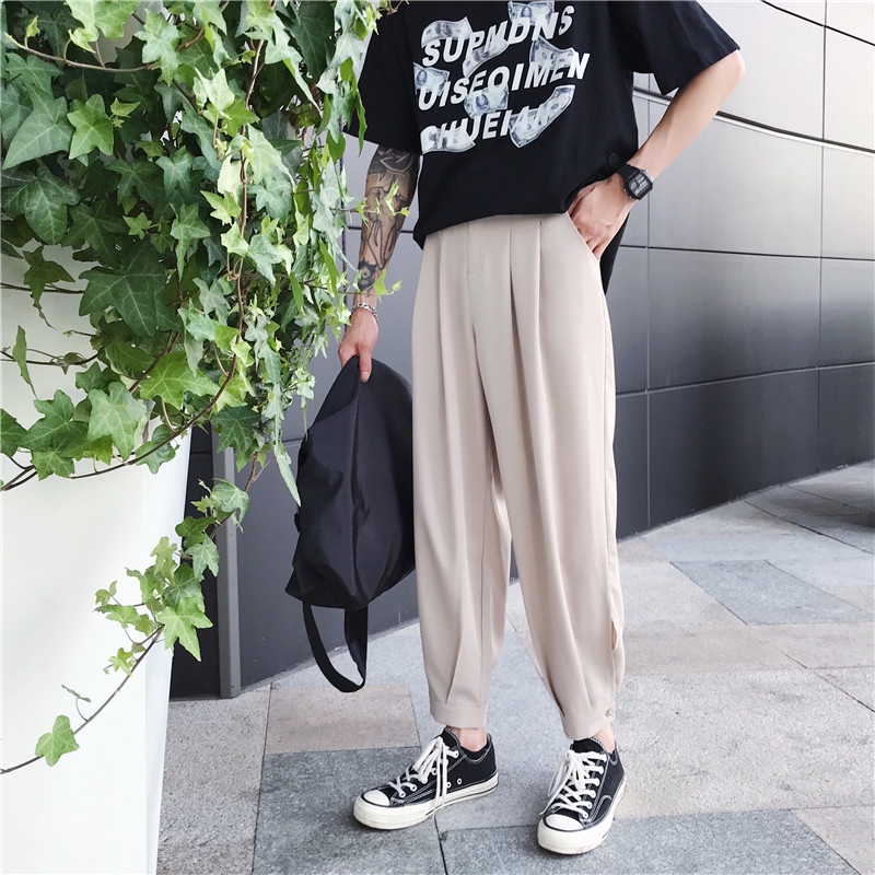 Quần Baggy Nam AROTI Ống Suông Rộng Vải Cotton Lụa Đẹp Cao Cấp,Co Giãn Dáng Âu,Cạp Chun,Màu Đen,Tiện Mặc Đi Học  QV46-D