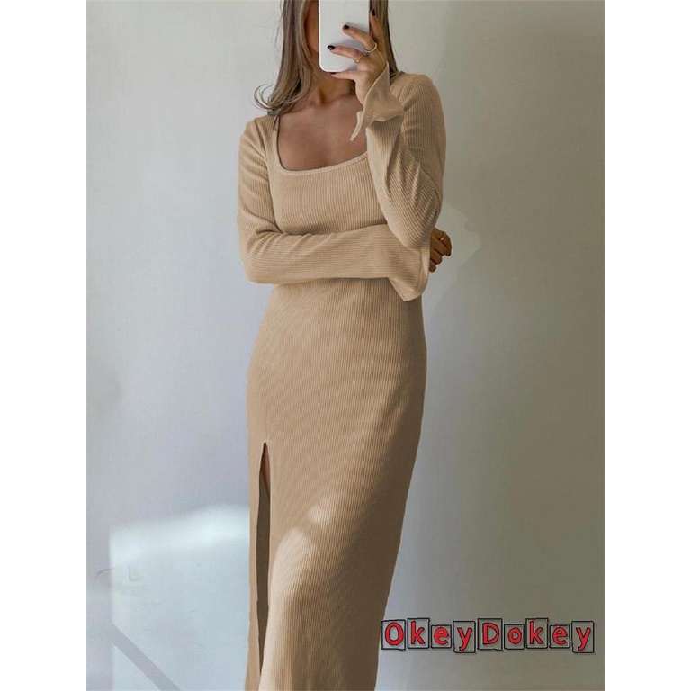 Đầm Ôm Dệt Kim Dài Tay Cổ Vuông Xẻ Tà Gợi Cảm Cho Nữ