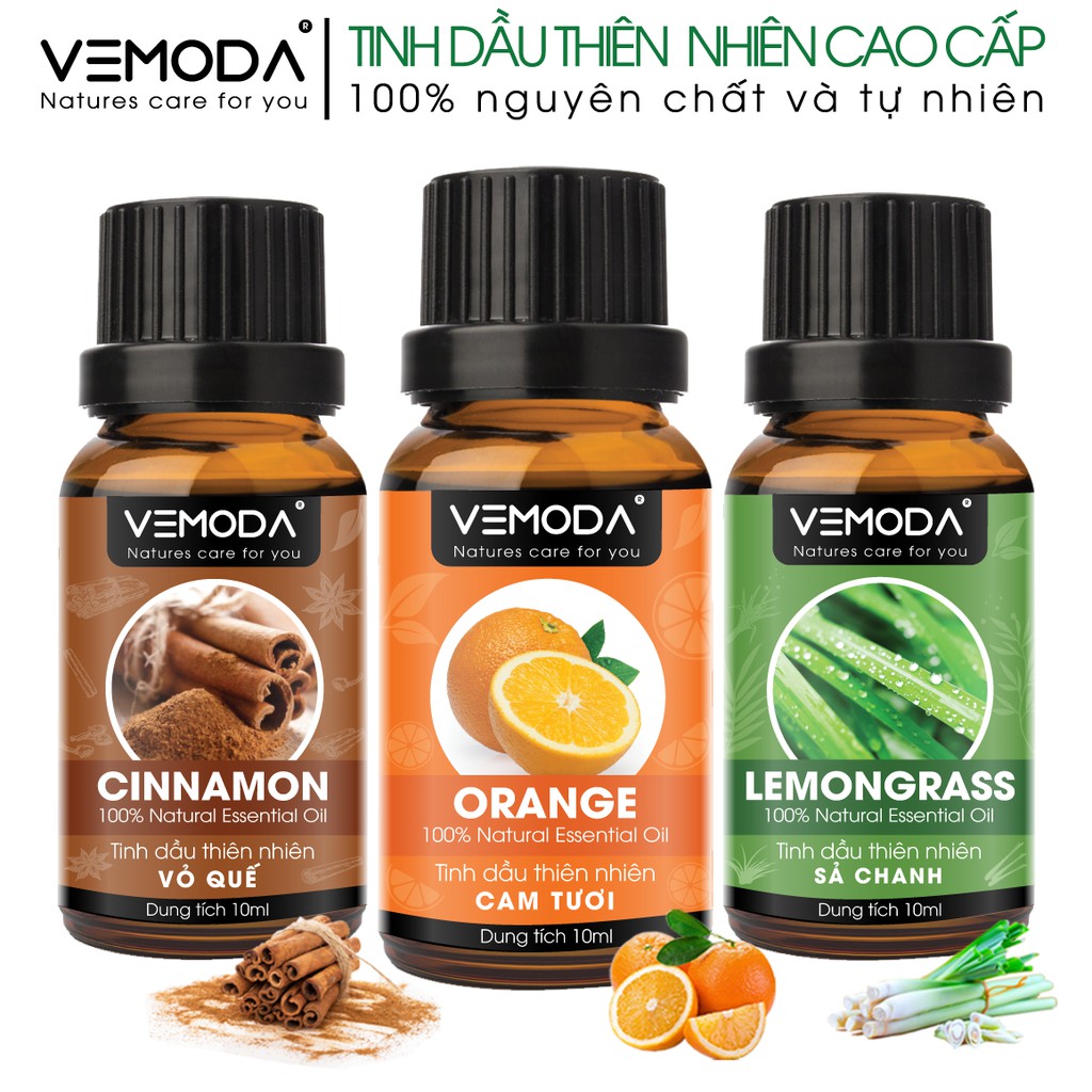 Tinh dầu xông phòng Vemoda cao cấp gồm: Sả Chanh + Vỏ Quế + Cam Ngọt