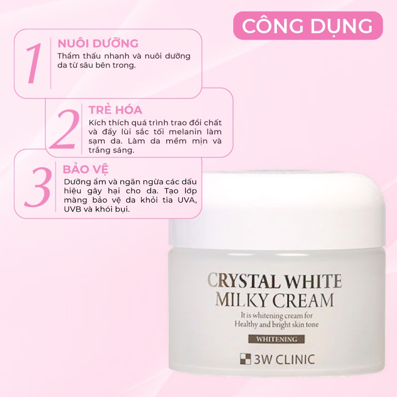 Kem Trắng Da Kim Cương Nâng Tone 3W Clinic Hàn Quốc Crystal White Milky Cream Giúp Da Trắng Sáng Giảm Nếp Nhăn 50ML