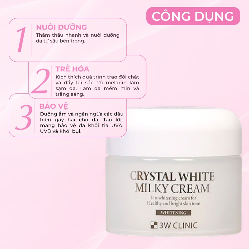 Kem Trắng Da Kim Cương Nâng Tone 3W Clinic Hàn Quốc Crystal White Milky Cream Giúp Da Trắng Sáng Giảm Nếp Nhăn 50ML