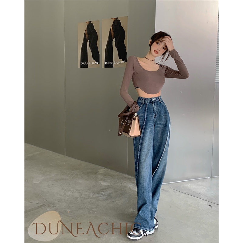 DUNEA Quần Jean Dài Lưng Cao Ống Rộng Thiết Kế Quyến Rũ Cho Nữ
