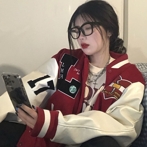 Áo khoác bóng chày dáng rộng phong cách retro cho nam và nữ