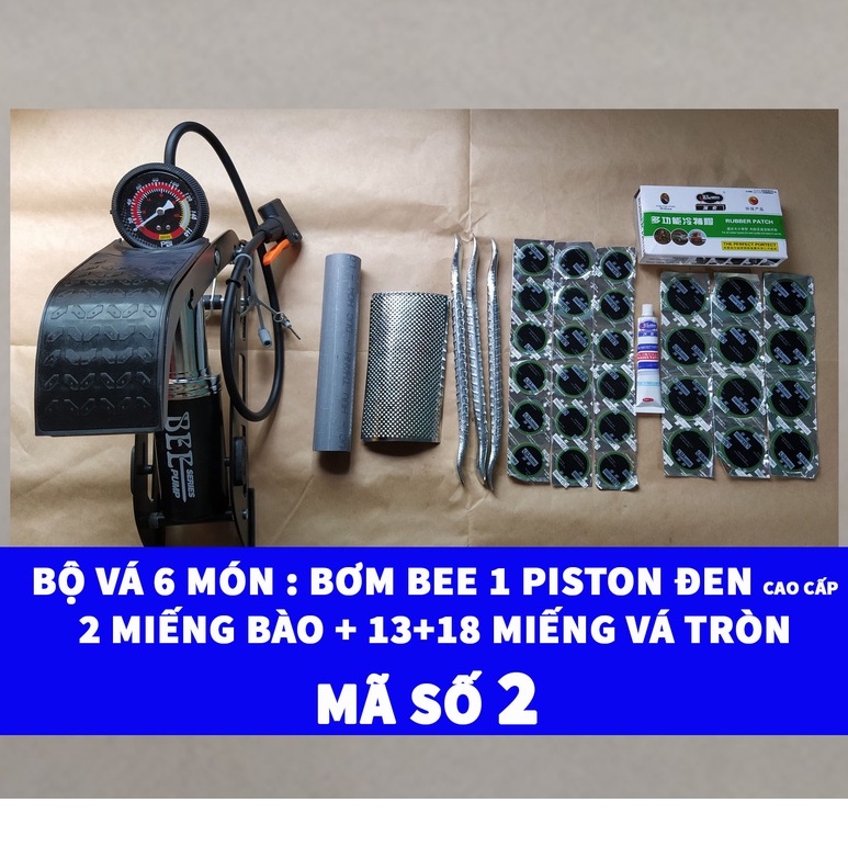 [Bơm Chân BEE Đen 1 Piston] Bộ Vá 6 Món Ruột Xe Máy Và Xe Đạp Bơm Đạp Chân 1 Piston Cao Cấp + 2 Miếng Bào Ruột