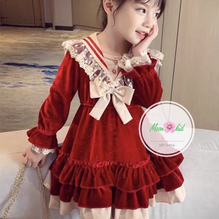 Váy Nhung đỏ phối ren tiểu thư cho bé đón Noel