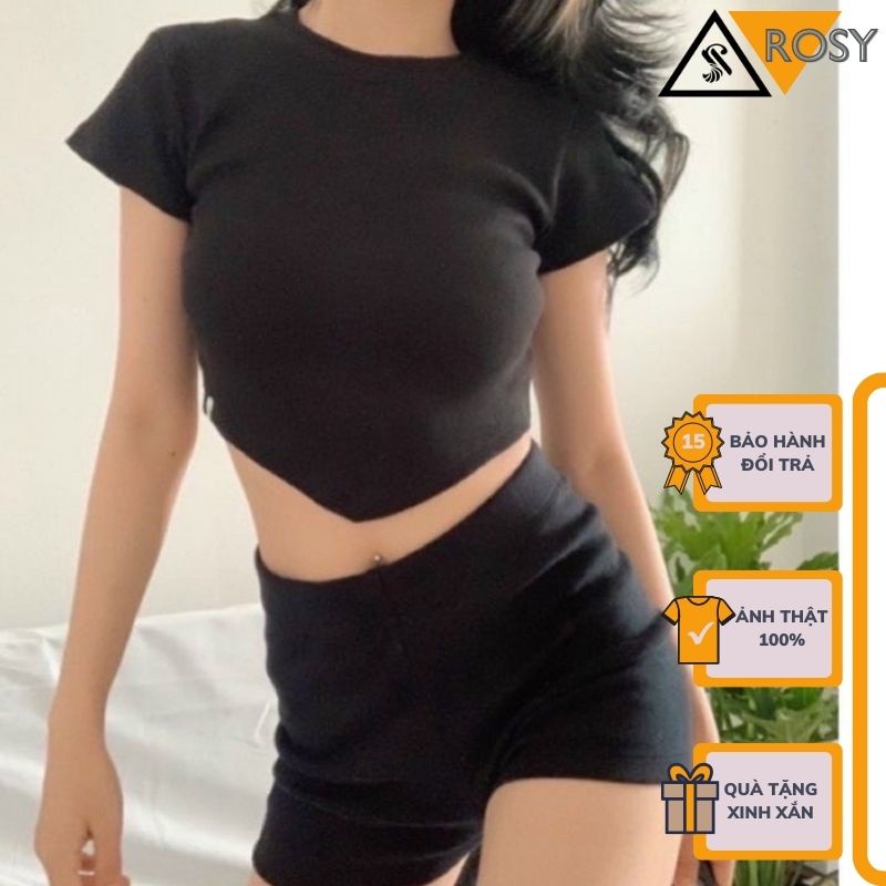 Áo croptop tay ngắn thun trơn vạt nhọn siêu năng động cá tính