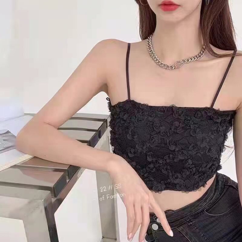 áo 2 dây croptop ren hoa hồng siêu xinh - Áo bra quây crop xinh xắn màu hồng đen trắng mặc cùng vest đẹp