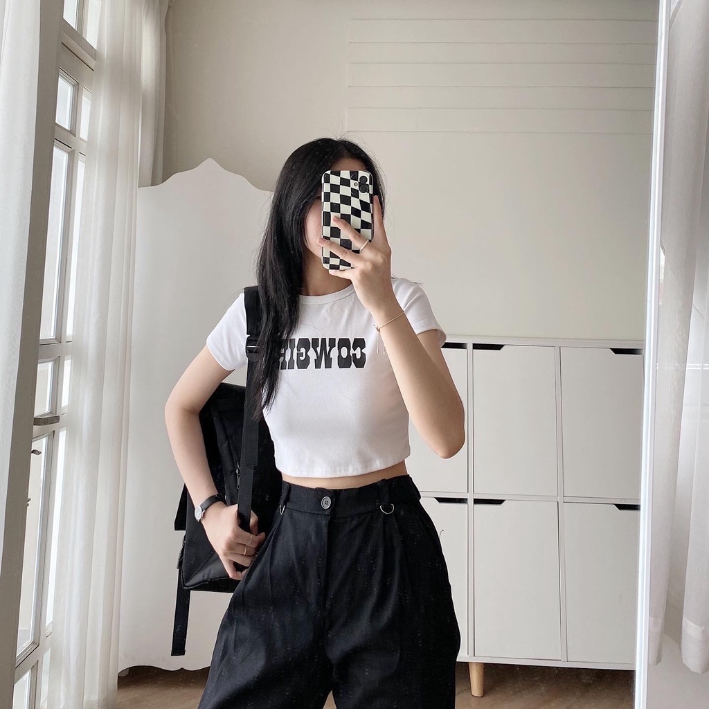 Áo Thun Croptop Tay Ngắn JEM CLOSET Áo Croptop Nữ COGIR Cổ Tròn Chất Vải Co Giãn In Hình Chữ Trước Ngực Đáng Yêu 10057