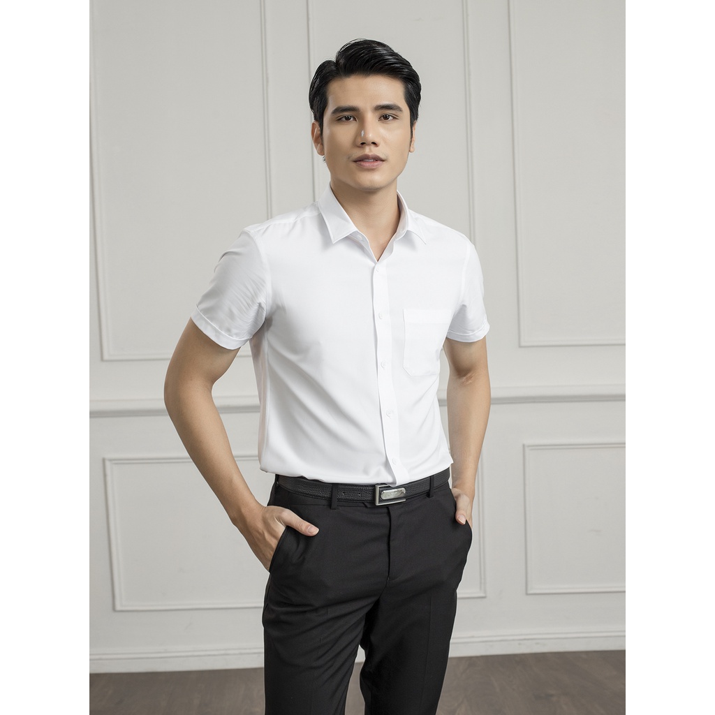 Áo sơ mi nam ngắn tay Aristino màu trắng trơn siêu nhẹ nhanh khô, dáng rông tà lượn có túi ASSR20