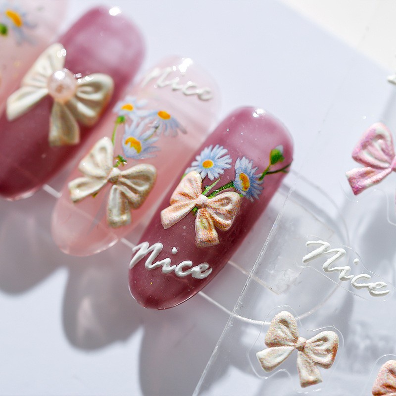Miếng Dán Trang Trí Móng Tay Họa Tiết Nơ Hồng Dập Nổi 5D MN-016F