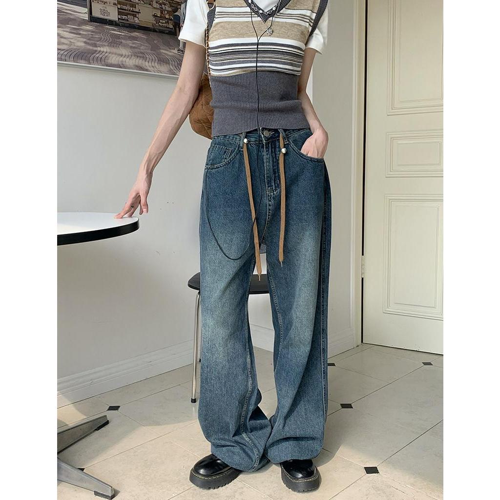 Quần Denim Ống Rộng Phối Dây Rút Phong Cách Retro 55787