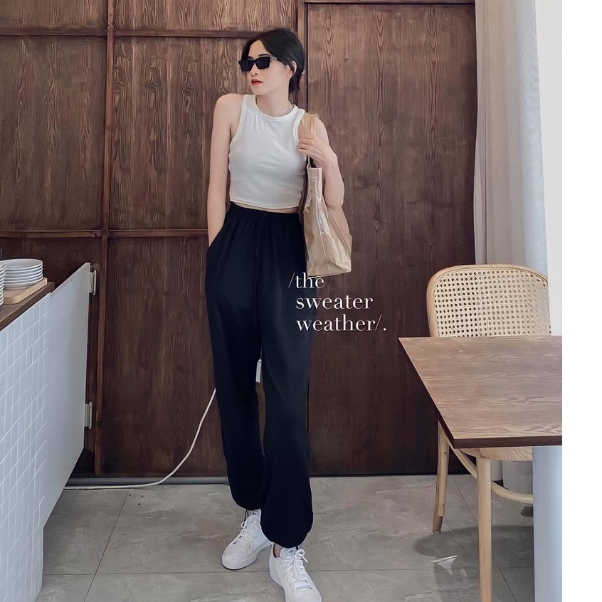 Quần Sweatpants Jogger Nữ  bo ống dây Rút unisex form rộng màu đen phong cách Hàn Quốc Amellia (QJG02 )