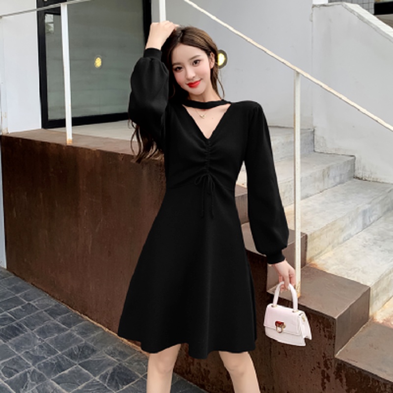 Đầm Cổ Chữ V Phối Dây Rút Thời Trang Mùa Thu Phong Cách Hàn Quốc Cho Nữ 2021