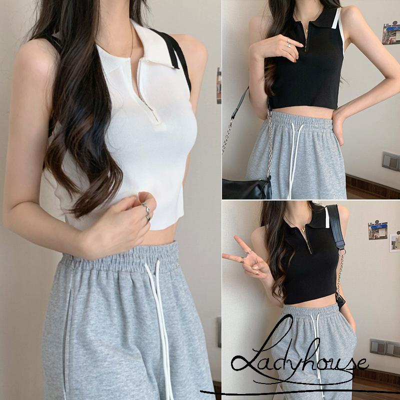 Áo Croptop Sát Nách Cổ Bẻ Cài Khóa Kéo Thời Trang Mùa Hè Cho Nữ