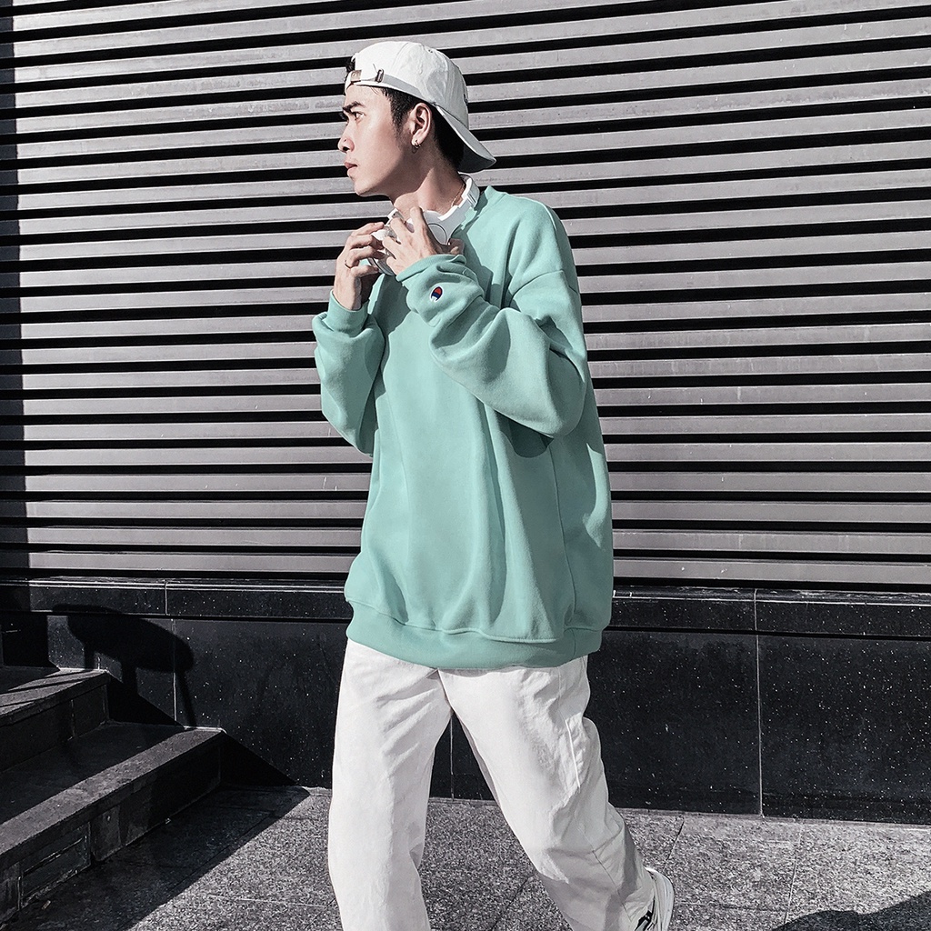 Áo Tay Dài Sweater Champion Chữ Thêu Sắc Nét Có Chất Liệu NỈ Bông Cotton Màu Xanh