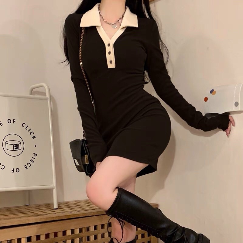 Đầm body cổ sơ mi tay dài Ulzzang siêu đẹp