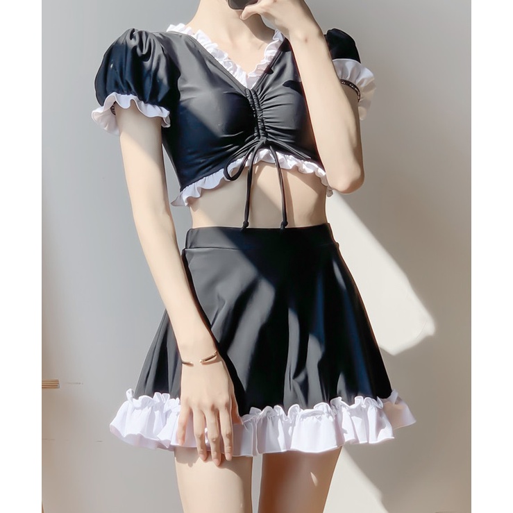 Bộ đồ bơi nữ bikini áo croptop váy phối màu nữ tính chất thun siêu đẹp