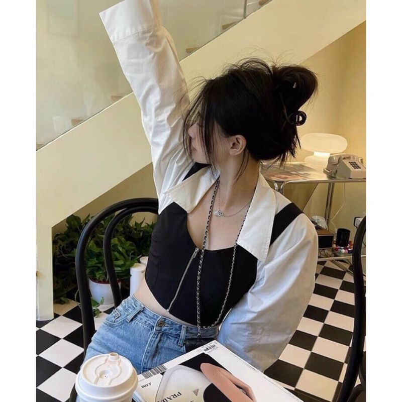 Áo sơ mi CROPTOP trắng phối đen Khoá kéo cực chất
