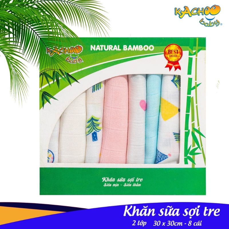 Hộp 8 Khăn Sữa Sợi Tre Cho Bé 30x30cm, 2 lớp KACHOOBABY Mềm Mịn Thấm Hút Kháng Khuẩn