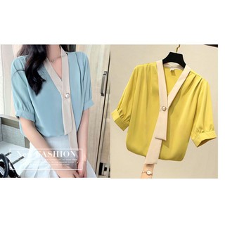 Áo kiểu nữ thiết kế❤FREESHIP❤Áo cổ nữ phối màu