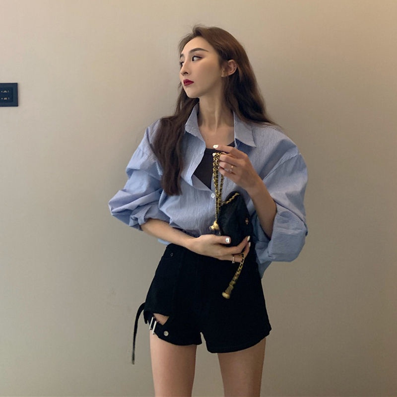 Jiashucheng Quần Short Denim Chữ a Lưng Cao Ống Rộng Rách Gối Phong Cách Mới Mùa Hè Cho Nữ