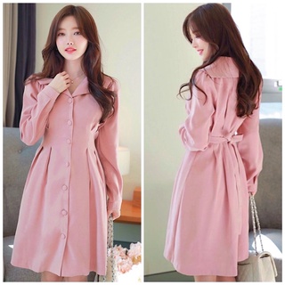 Đầm váy hồng nút bọc tay dài