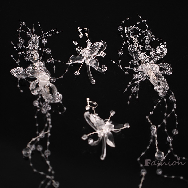 1 Set Kẹp Tóc Và Khuyên Tai Handmade Đính Đá Pha Lê Lấp Lánh Cho Cô Dâu