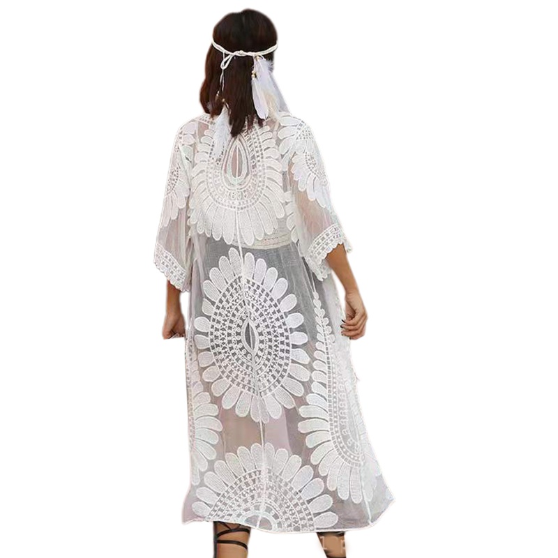 Áo Khoác Kimono Đi Biển Cổ Chữ V Thêu Hoa Hướng Dương Phối Ren Ốp