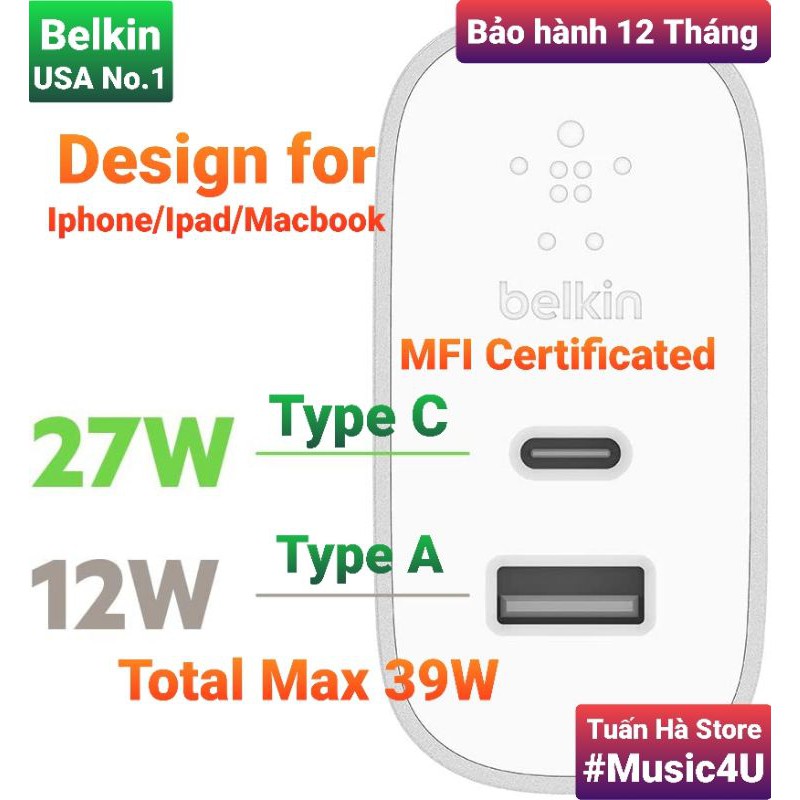 Củ sạc nhanh Belkin PD 39W 27W Type C cho Iphone 11, Iphone 12, Ipad, Macbook, MFI [Music4U]