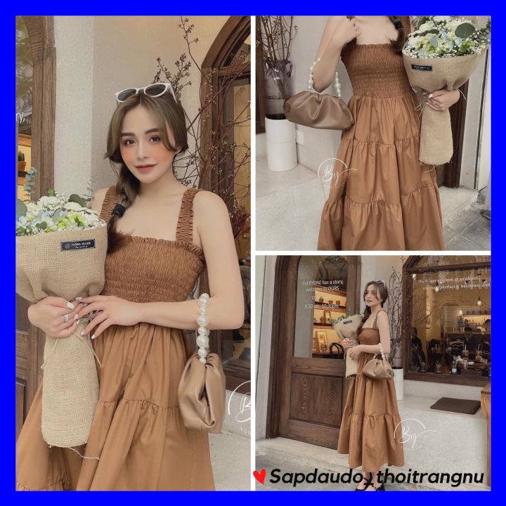 Váy Hai Dây Maxi SapDauDo ThoiTrangNu Chất Vải Thô Mềm, Dáng Váy Suông Thân Bo Chun, Dây Áo Bản To Cách Điệu