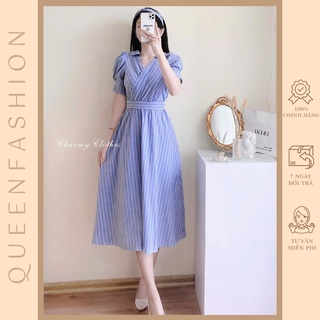 Đầm sơ mi kẻ sọc cổ V lịch sự, thanh lịch