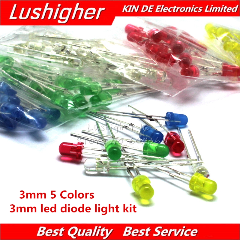 Gói 100 đèn đi ốt phát quang 3mm màu trắng vàng đỏ xanh lá xanh dương mỗi màu 20 cái
