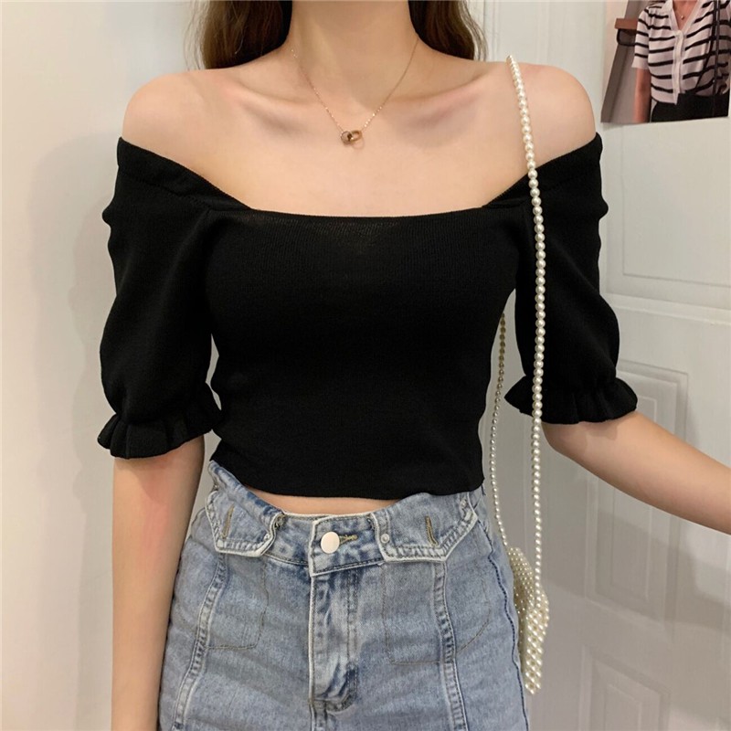 Áo đen dệt kim tay phồng DA199 | BigBuy360 - bigbuy360.vn
