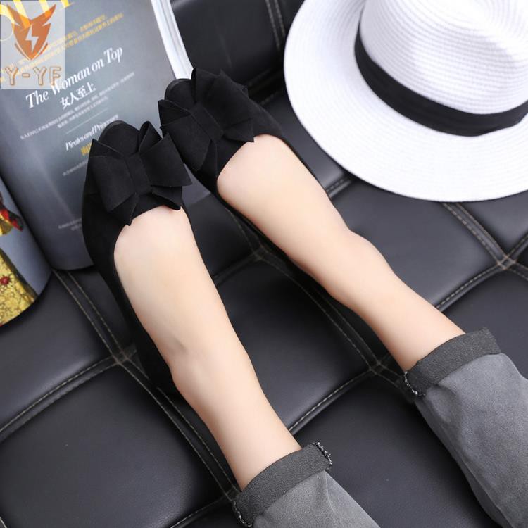 [High quality]Autumn new style suede single shoes women's shoes pointed toe shallow mouth flat heel flat bow large size black work shoes